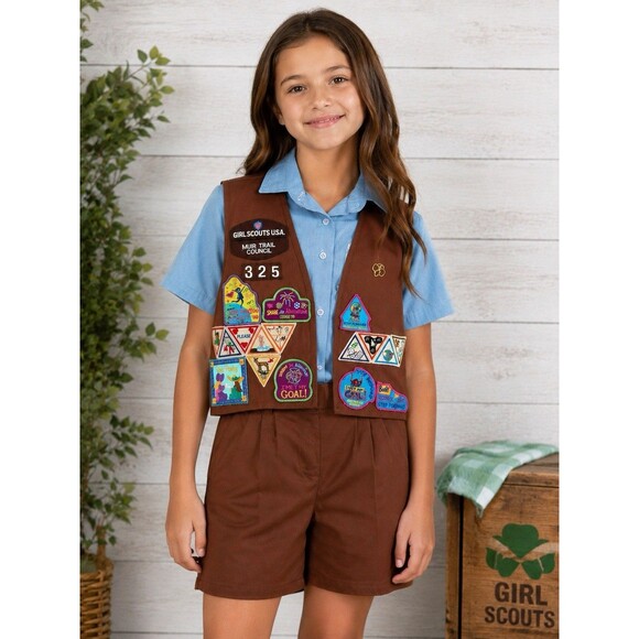 Other - Vintage Girl Scouts Brownie Uniform Set Vest Shirt Shorts Muir Trail USA Patches